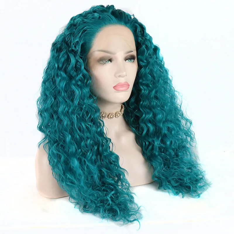 Bombshell 180% Плотность Синий Надувной вьющиеся термостойкие волокна ручная вязка синтетический кружевной передний парик натуральные волосы для женщин парики