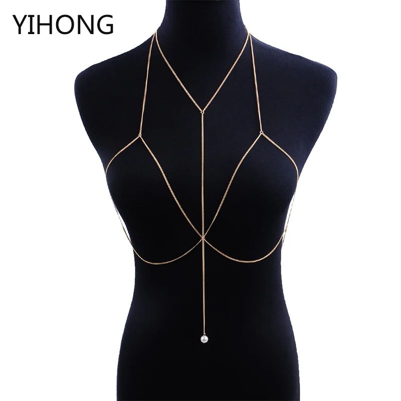 Sexy Beach Gold Color Body Chain Bra Cross Chest with Long Drop Faux Pearl Pendant Jewelry for Women | Украшения и аксессуары