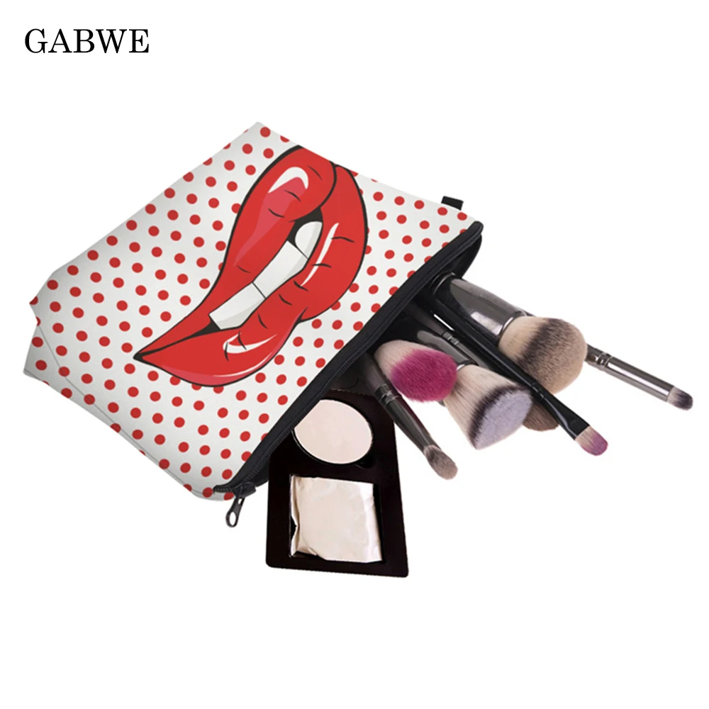 

GABWE 3D Printed Red Lips Makeup Bags With Red Circle Pattern Cute Cosmetics Pouchs For Travel Ladies Pouch Women Cosmetic Bag