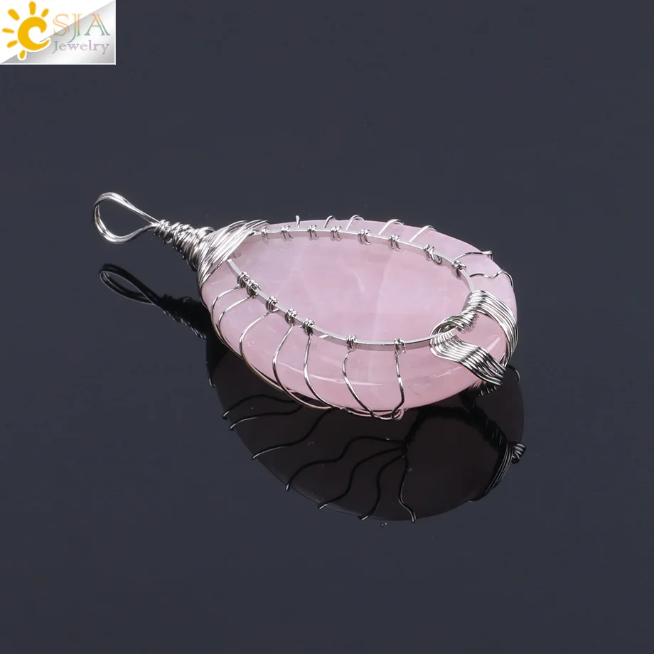 CSJA натуральный каменный розовый кварц ожерелье и кулон серебряного цвета "Древо жизни" проволочный обернутый форма капли воды для женщин ювелирные изделия F122