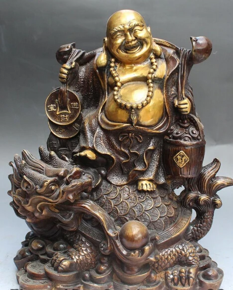 

shitou 002759 14"Chinese Bronze Gilt Wealth Happy Laugh Maitreya Buddha Dragon Tortoise Statue