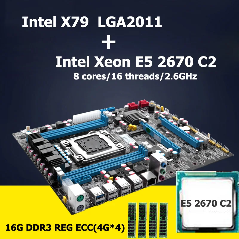 HUANAN motherboard CPU set Intel X79 LGA 2011 motherboard with CPU Xeon E5 2670 C2 (4*4)16G DDR3 REG ECC 4 channels Crossfire lga 2011 x79 series motherboard soldering cpu socket r with tin balls