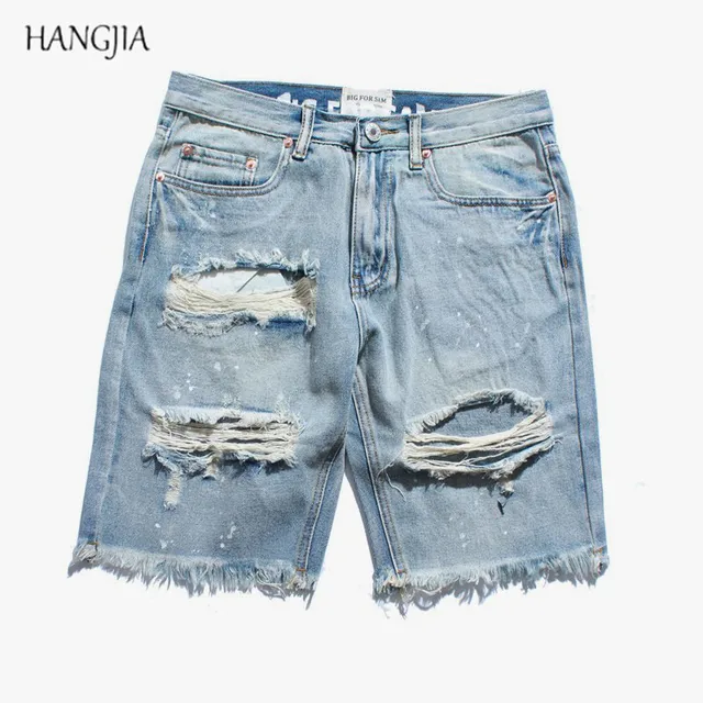 High Streetwear Tide Mens Hole Destroyed Slim Fit Ripped Denim Shorts