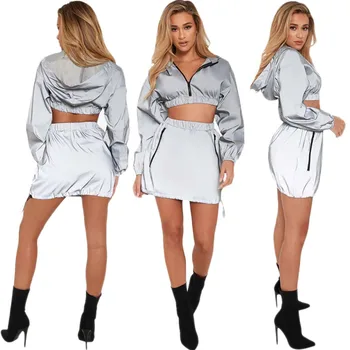

Casual Women Reflective Zip Long Sleeve Solid Sliver Crop Top Skirt Sport Outfits Sets