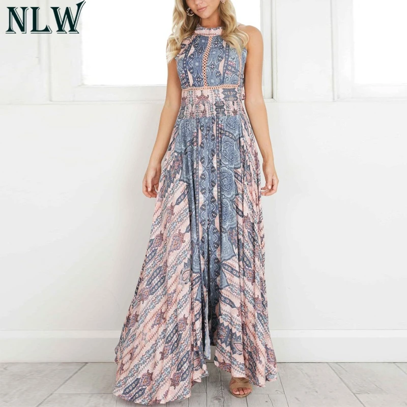 NLW Boho Платье макси с синими цветами летнее платье 2019 женское высоким разрезом без