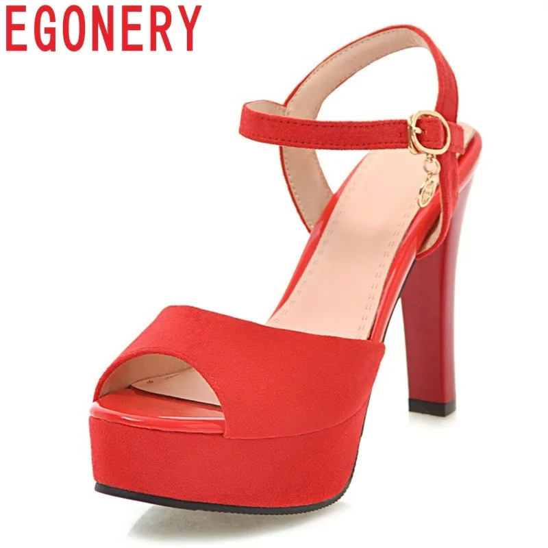 

EGONERY 2018 new fashion flock fish mouth super high spike heels platform concise casual large size summer buckle women sandals