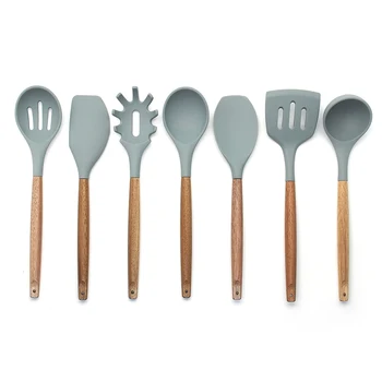 

Kitchen Gadgets - Silicone Cooking Utensils Kitchen Utensil set - 7 Natural Acacia Wooden Silicone Kitchen Utensils Set