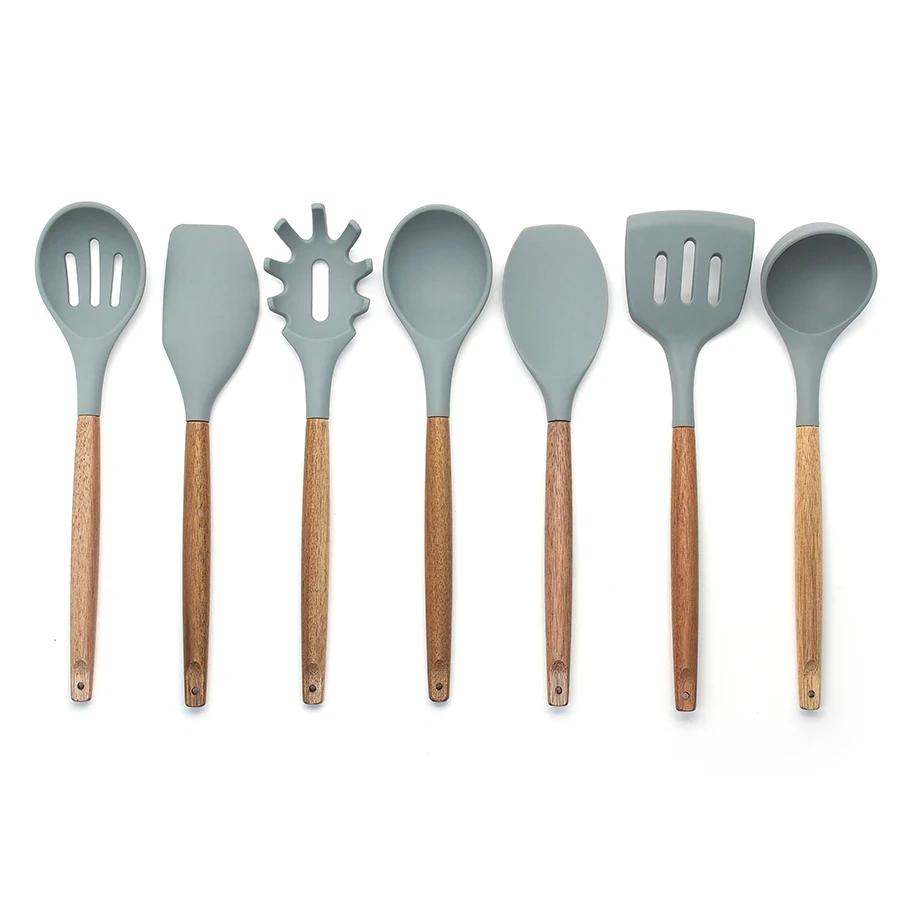 Kitchen Gadgets - Silicone Cooking Utensils Kitchen Utensil set - 7 Natural Acacia Wooden Silicone Kitchen Utensils Set