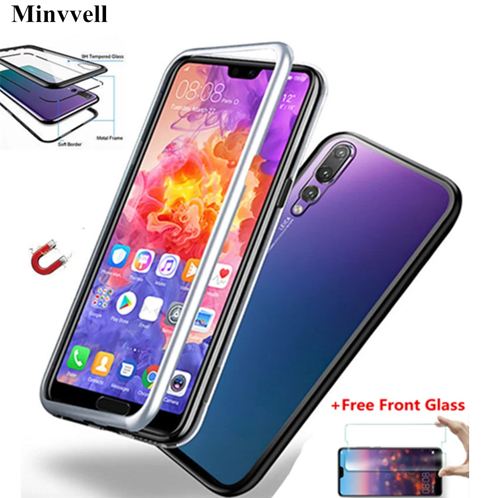 Магнитный чехол для Huawei Mate 10 Pro P20 металлический бампер прозрачный стеклянный Lite