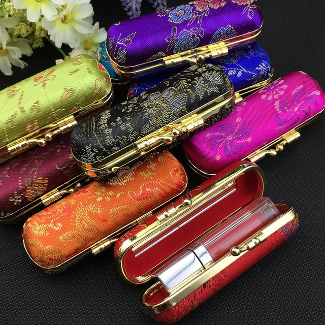 Vintage Lipstick Case Holder-2 W/Mirror Metallic Floral Asian Silk