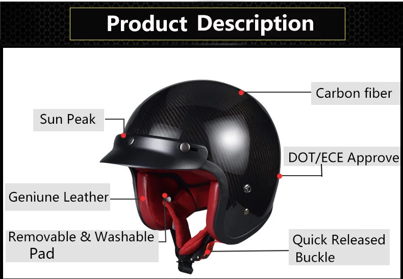 VCOROS открытым лицом Половина moto rcycle шлем углеродное волокно Сверхлегкий оболочки винтажные Ретро moto шлемы натуральная кожа с красной внутренней pad