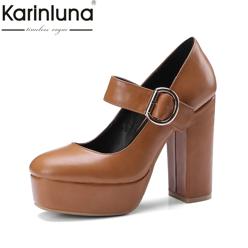 

karinluna 2018 Mary Jane Thick High Heel Shoes Woman Buckle Up Round Toe Platform Pumps shoes women Big Size 32-42