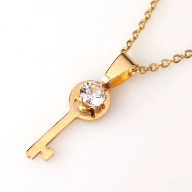 New Design Product Stainless Steel Gold Key Necklace With CZ Key