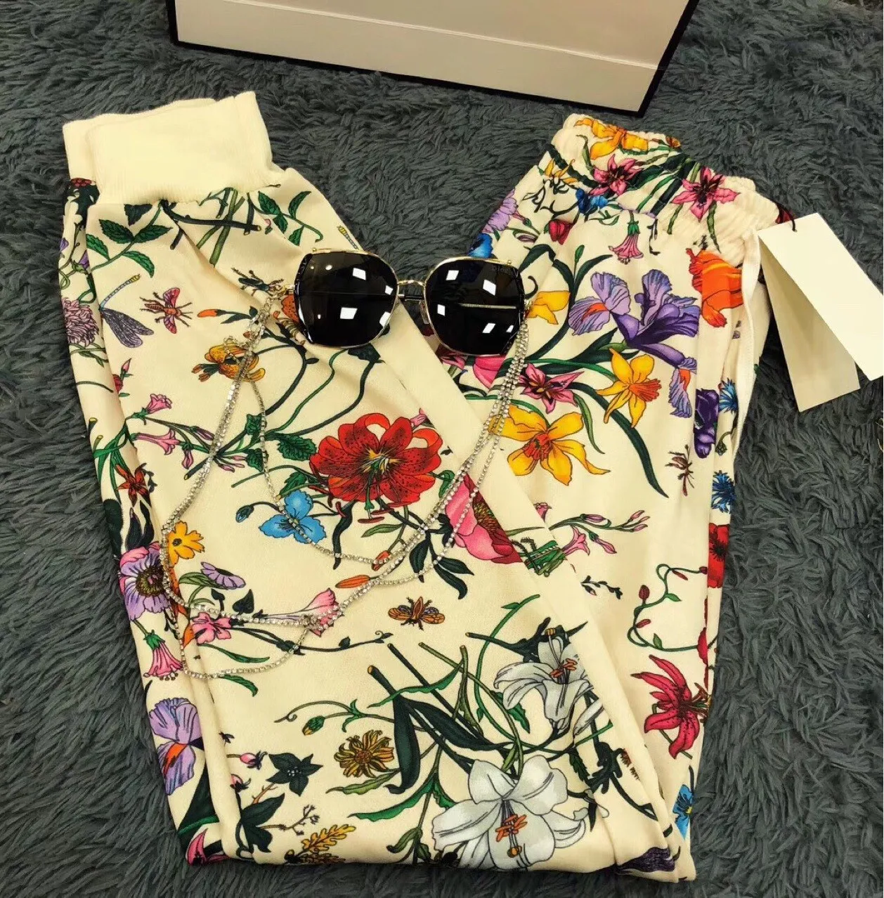 

2019 Spring Summer Female Flower Printing Loose Leisure Trousers High Sporting Elastic Waist Pants