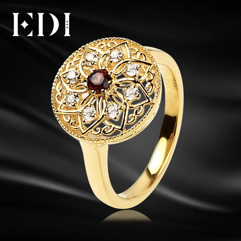 

EDI Women 925 Sterling Silver Yellow Ring 3mm Thick Round Sun Flower Red Garnet Engagement/Wedding Rings GZR0203