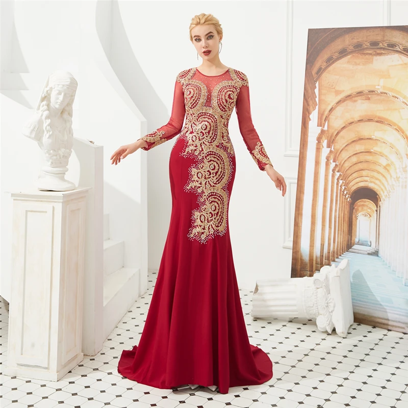 

Gorgeous Red Long Sleeve Mermaid Evening Dresses 2019 Crystal Lace Applique Formal Prom Dress Party Gowns Robes robes de soirйe