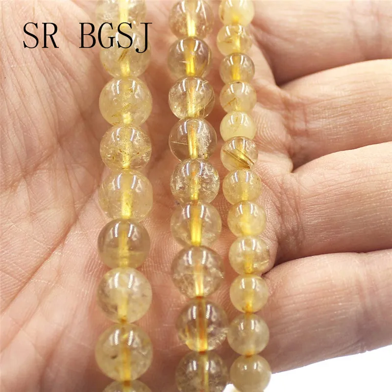

Free Shipping 6 8 10mm Gold Yellow Rutilated Quartz Gems Natural Round Stone Loose Craft Beads Strand 15"