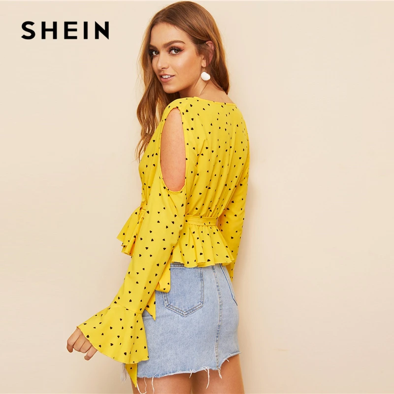 SHEIN Boho ярко-желтая блузка с открытыми плечами и поясом, конфетти, принт в виде сердца, Женская Весенняя блузка с v-образным вырезом и баской, элегантный топ, блузки