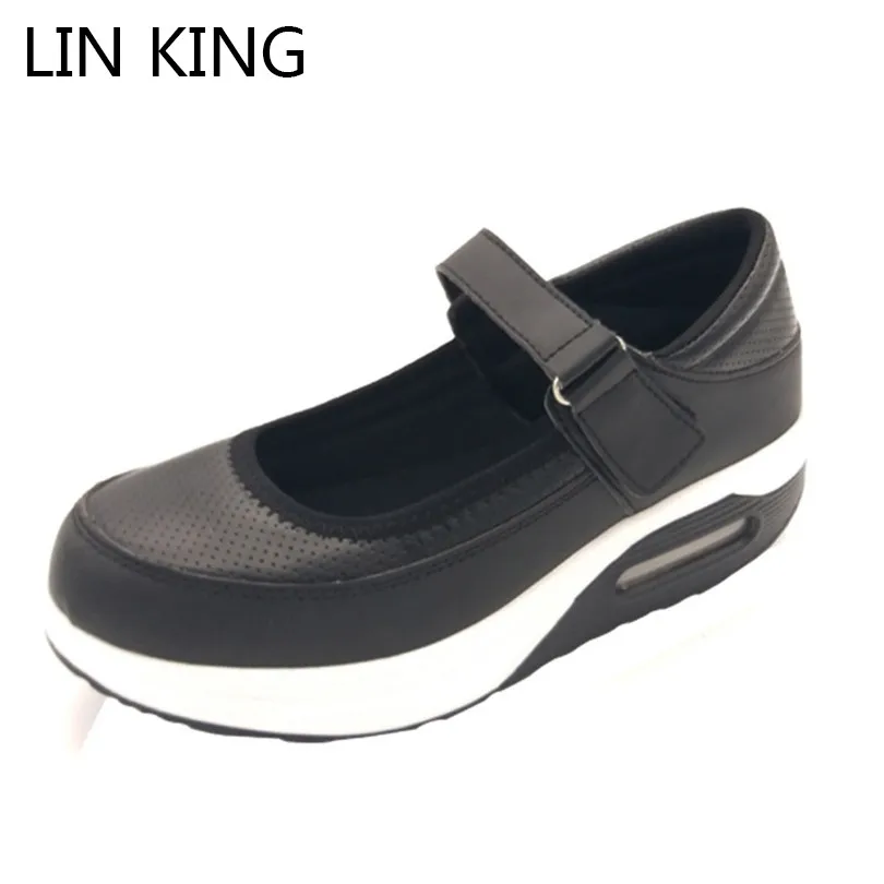 

LIN KING Fashion Height Increasing Ankle Straps Swing Shoes Women Spring Single Shoes Patchwork PU Leather Low-top Mom Shoes