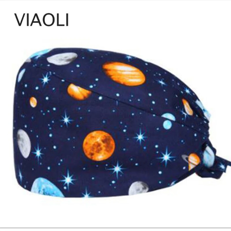 

VIAOLI new Cotton Scrub Caps for Women and men Hospital Medical Hats Print cat in Black Tieback Elastic Section Surgical Caps