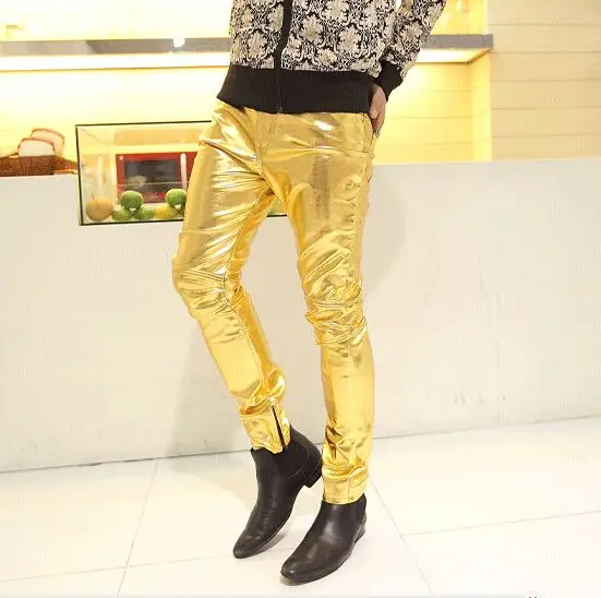 Золото серебристый, черный модный показ узкие брюки мужчины блестящие искусственная кожа мужской Штаны ночной клуб спектакли одежда для свадьбы - Цвет: pk01 Gold