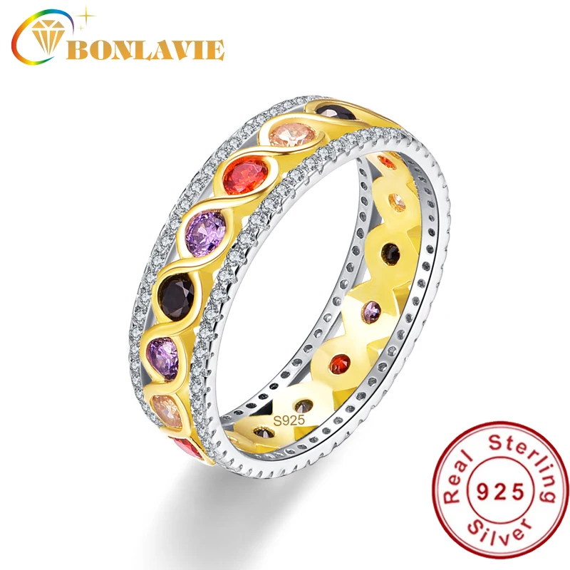 

BONLAVIE Infinity Multi Color Gemstones Band Ring Solid 925 Sterling Silver Twisted Ring Fine Jewelry for Women High Quality