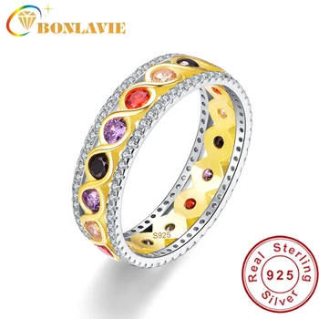 

BONLAVIE Infinity Multi Color Gemstones Band Ring Solid 925 Sterling Silver Twisted Ring Fine Jewelry for Women High Quality