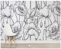 Пользовательские Papel де Parede цветочный, Черный и белый проиллюстрировано цветы для гостиной ТВ стены виниловые Papel де Parede