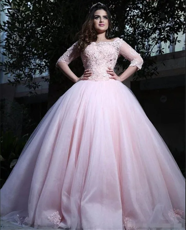 Modest-Pink-Ball-Gown-Quinceanera-Dresses-3-4-Long-Sleeves-Saudi-Arabic-Tulle-Corset-Sweet-16 (2)