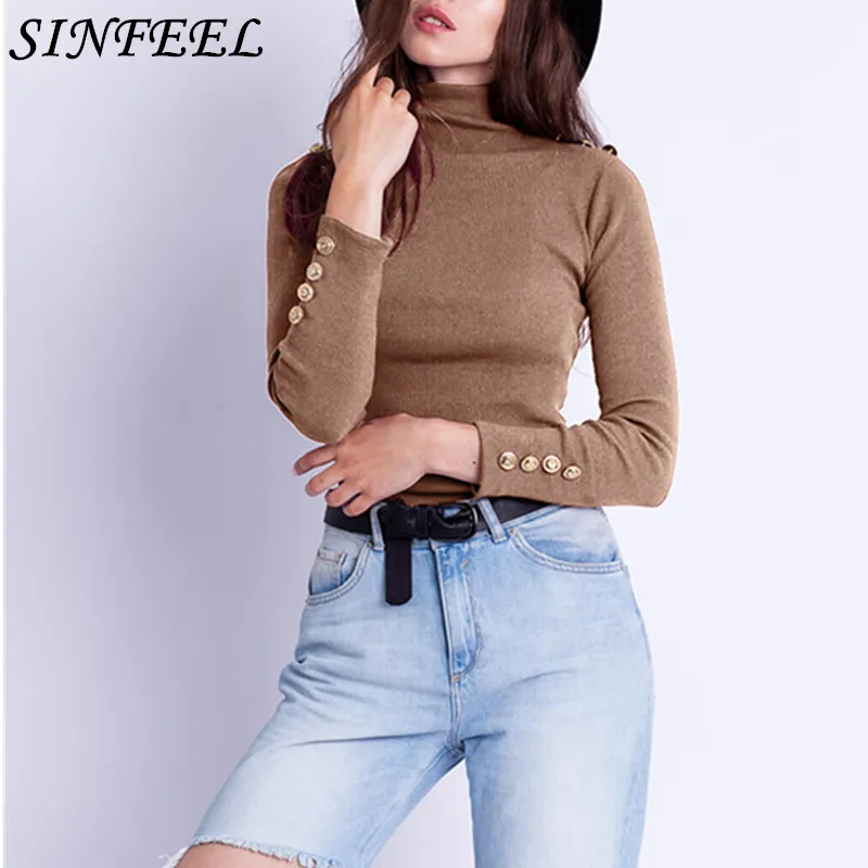

Black Soft Sweater For Women Turtleneck Thin Pattern Button Long Sleeve Sweaters And Pullovers Pull Femme Tops Jersey Jumpers