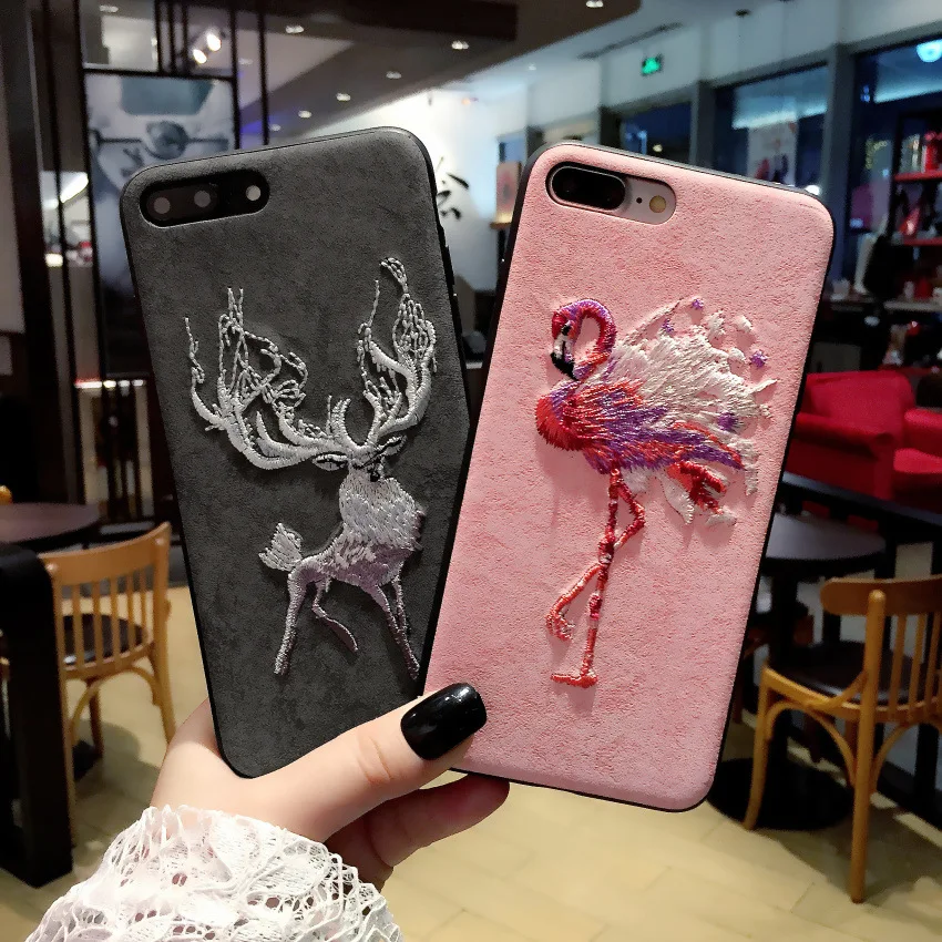 

3D Embroidery Elf deer Flamingo Case For iPhone X XS Max XR Rose Leather Case For iPhone 6 6S 8 7 Plus Telefon Kilifi Capa