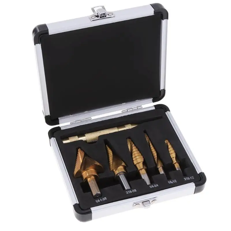 

5pcs/set Single Groove High Speed Steel with Cobalt Step Core Drill Bits Hand Tools Set w / Aluminum Case For iron carbon steel