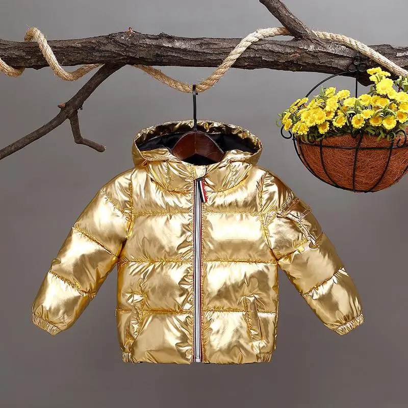 Зимняя куртка для детей от 3 до 8 лет; плотное пальто; Милая теплая Серебристая куртка-пуховик для маленьких девочек и мальчиков; хлопковая верхняя одежда с капюшоном; зимний комбинезон; парка - Цвет: Golden