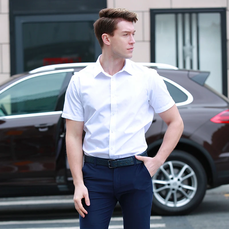 langmeng plus size 7XL men shirt short sleeve solid color work shirts mens social dress shirts white male Formal Business Shirt