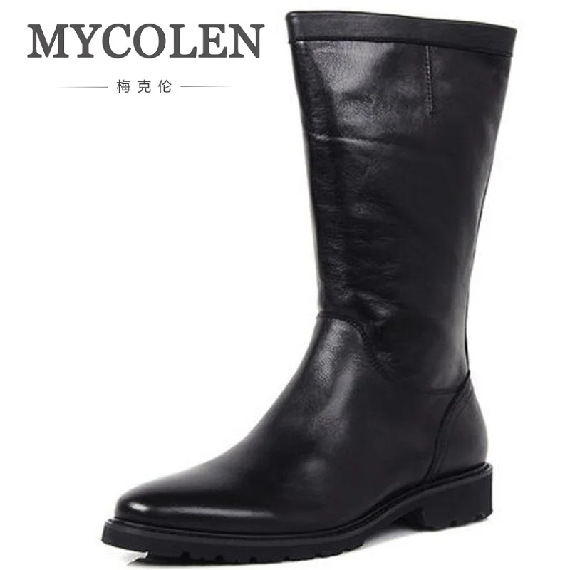 

MYCOLEN 2018 Genuine Leather Mens Shoes Mid-Calf Male Leather Riding Boots Winter Work Safety Boots Black Mens Military Boots