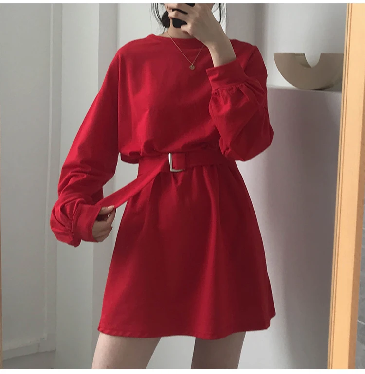

Harajuku spring autumn new 7 color ulzzang Korean Women's Clothing fashion brand long casual lantern sleeve sashes loose dresses