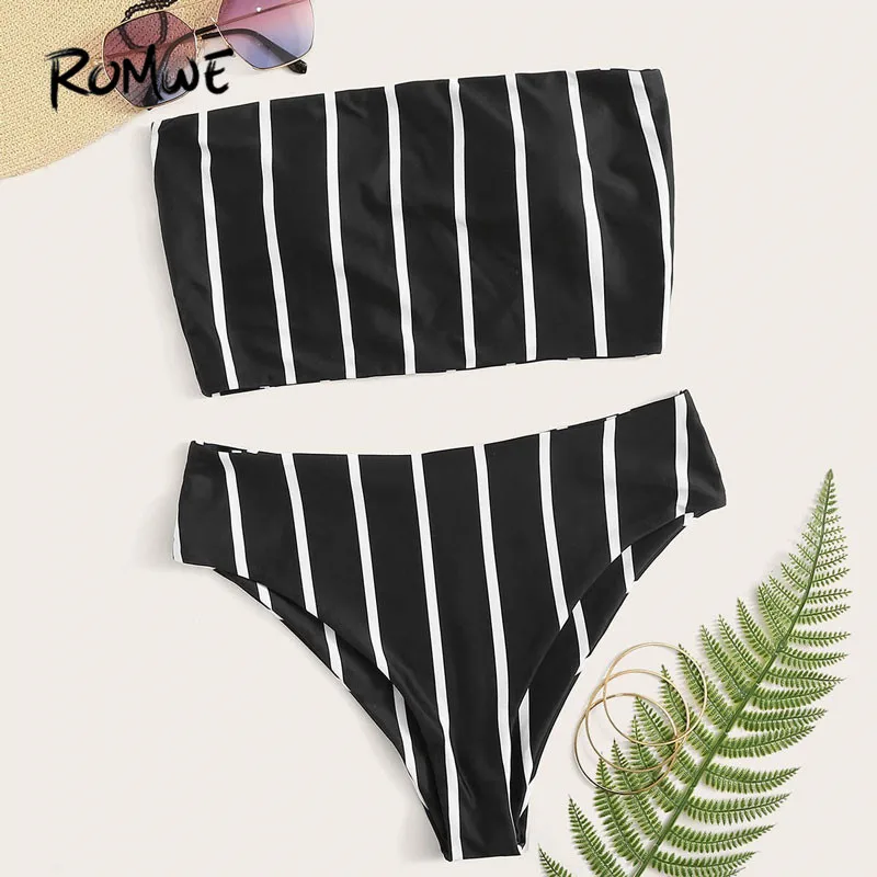 

Romwe Sport Striped Bandeau Bikini Set With High Waist Bikini Bottoms Summer Swimming Suit for Women Wireless Stretchy Swimsuits
