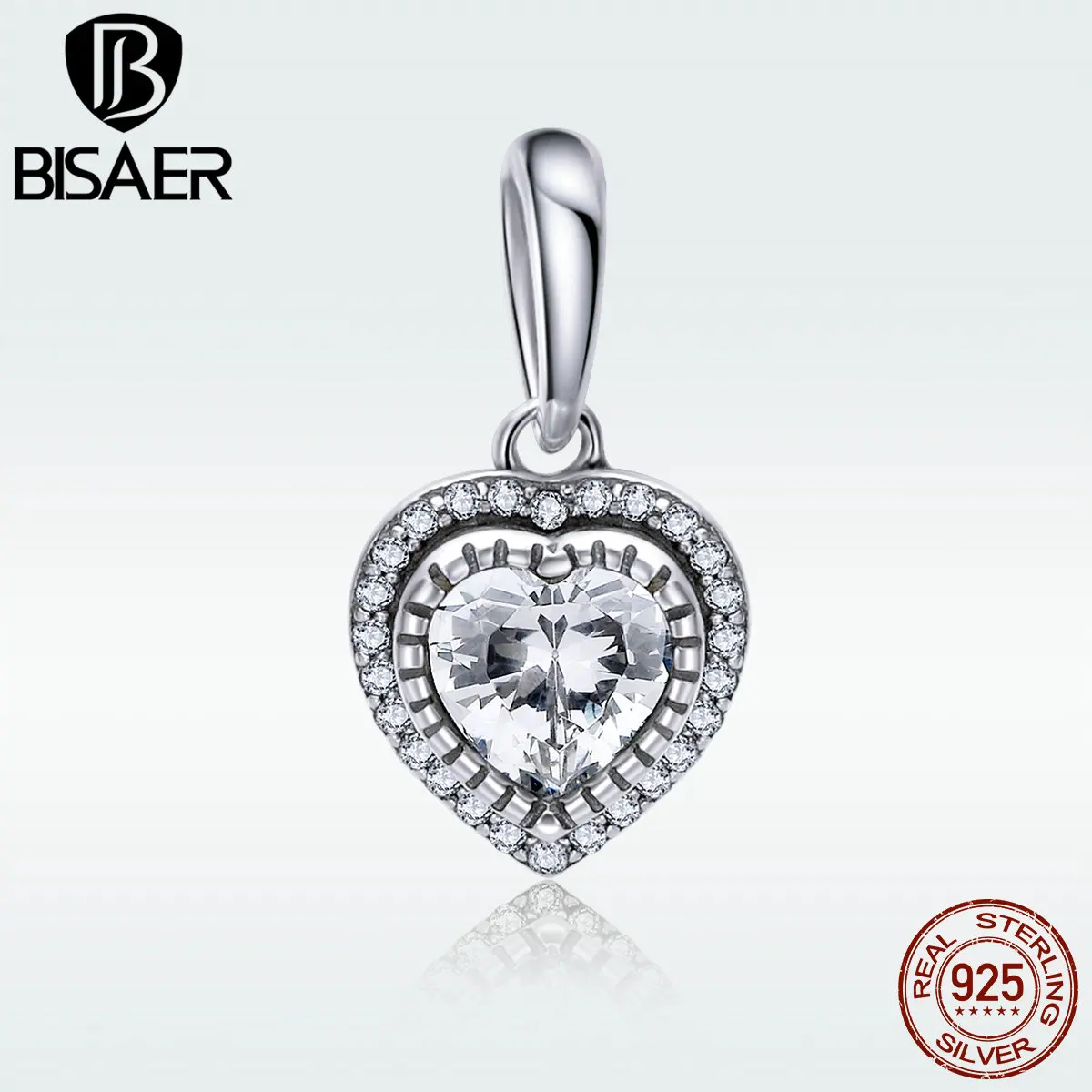 

BISAER Charm 925 Stelring Silver Clear CZ Heart Pendant Charms for Bracelet or Necklace Fashion Jewelry Making GXC845