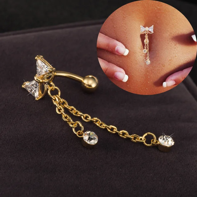 Sexy Dangle Belly Bars Belly Button Rings Gold Color Belly Piercing Cz 