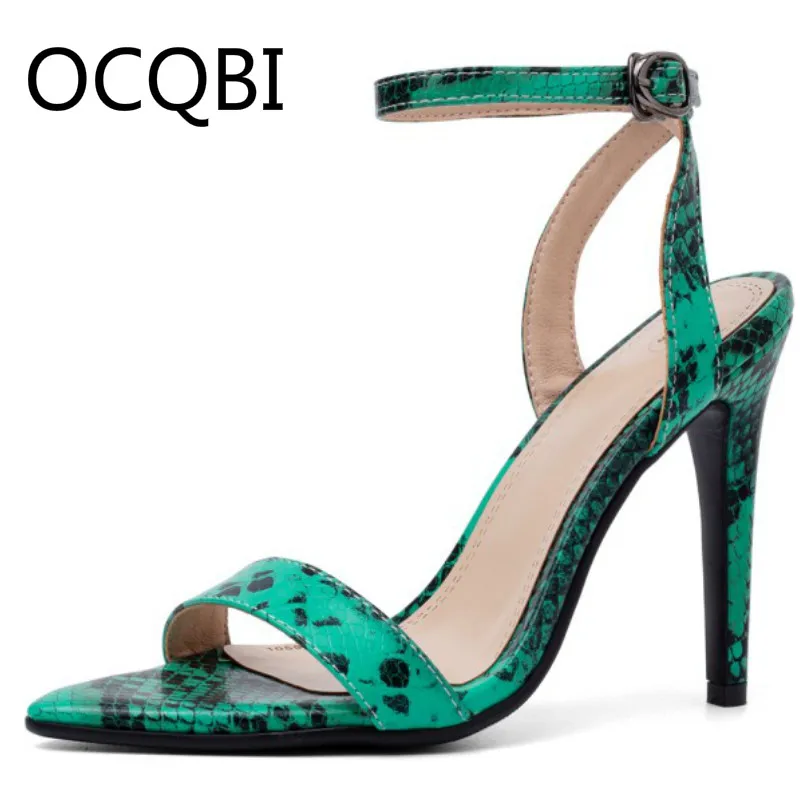 

Womens High Heel Summer Shoes Single Strap Pointed Toe Open Toe Sandals Street Shoes Snake-grain Pattern Green Sandals