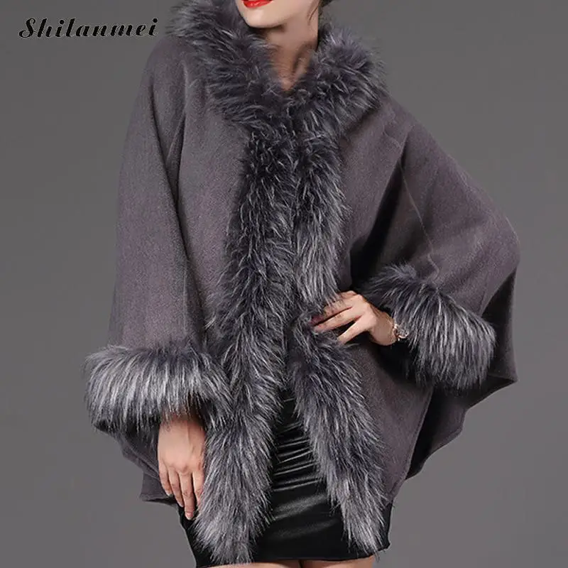 

Novelty Vogue Long Women Fur Hooded Winter Warm Cape Coat Wool Cashmere Knitting Cloak Scarf Shawl Raccoon Fur Woman Poncho