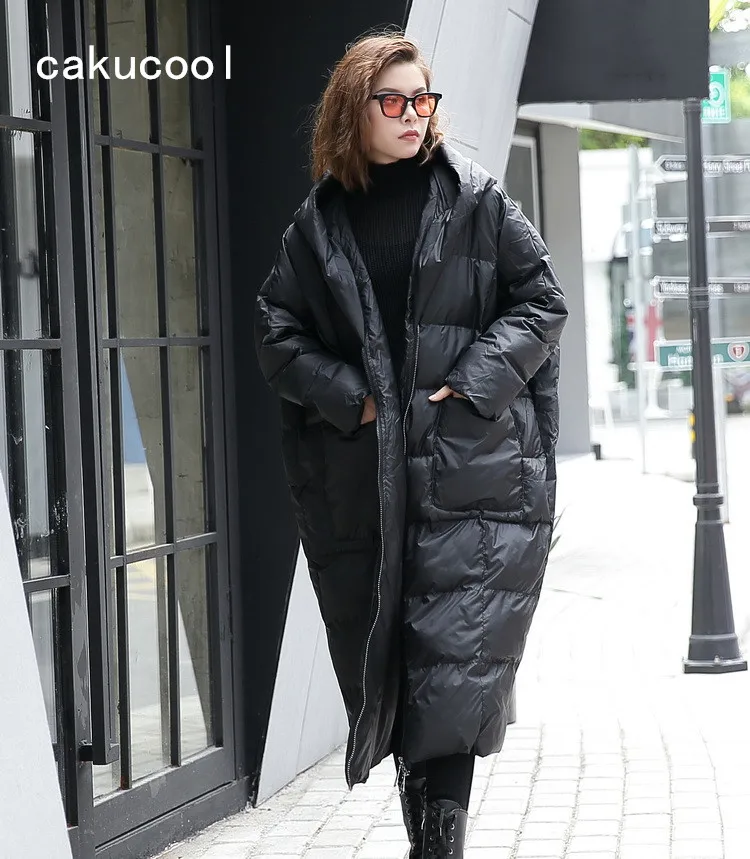 Cakucool New Women Oversize Parka Pockets Batwing Loose Warm Overcoat Hooded Large Mid Long Casual Parkas Lady Black Army Green