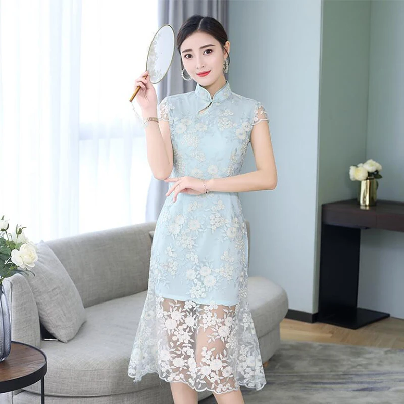 

Summer Women Dress 2019 Retro Lace Cheongsam Tang Suit Elegant Party Night Dress M L XL XXL XXXL