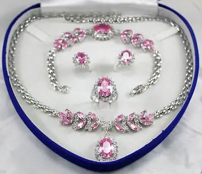 

Hot sale Beautiful Jewellery Women's Set Pink Crystal Necklace Earring Bracelet Ring