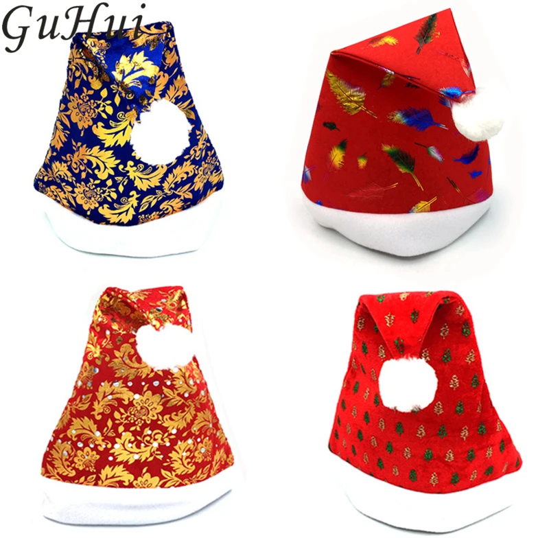 

5pcs Gold Pteris Pattern Santa Claus Hat Feather Tree Pattern Christmas Hats Children Adult New Year Party Ornament Xmas Caps