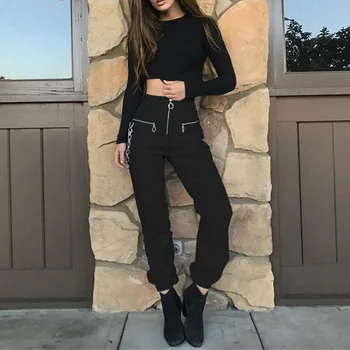 

Gothic Chains Black Womens Harem Pants Hip Hop Joggers Zipper Trousers For Women 2019 Autumn Streetwear Fashion Cool Bottoms