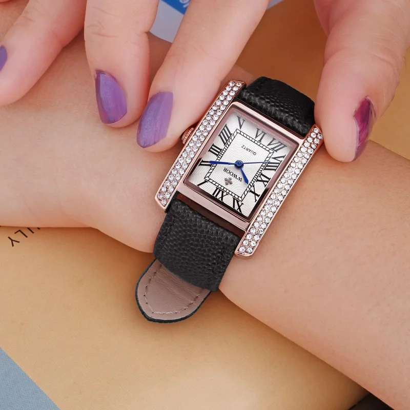 

Women's Brand Watch Leather Women's Square Rose Gold Quartz Watch Montre Femme Elegant and Beautiful Diamond Embellishment