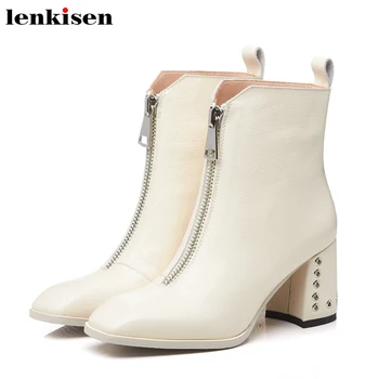

Lenkisen hot new genuine leather high heels square toe Zipper keep warm simple fashion rivets winter beauty lady ankle boots L30