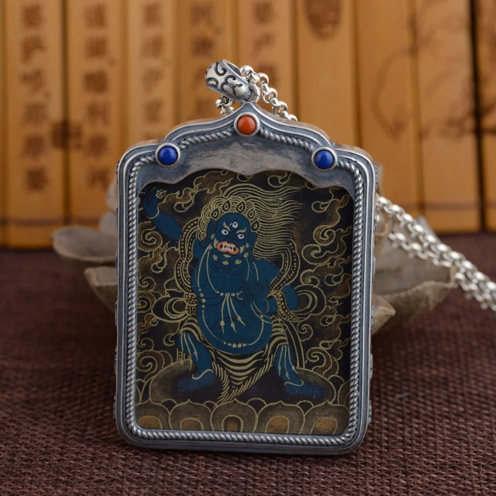 

NEW 925 Silver Tibetan Mahakala Thangka Pendant Necklace Pure Silver Tibetan Gonpo Pendant Necklace Sterling Mahakala Pendant
