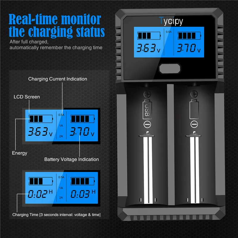 Tycipy USB Порты и разъёмы двухканальный с ЖК-дисплей Смарт Зарядное устройство для 18650 18500 3,7 V AA AAA Перезаряжаемые литий Батарея фонарик Зарядное устройство